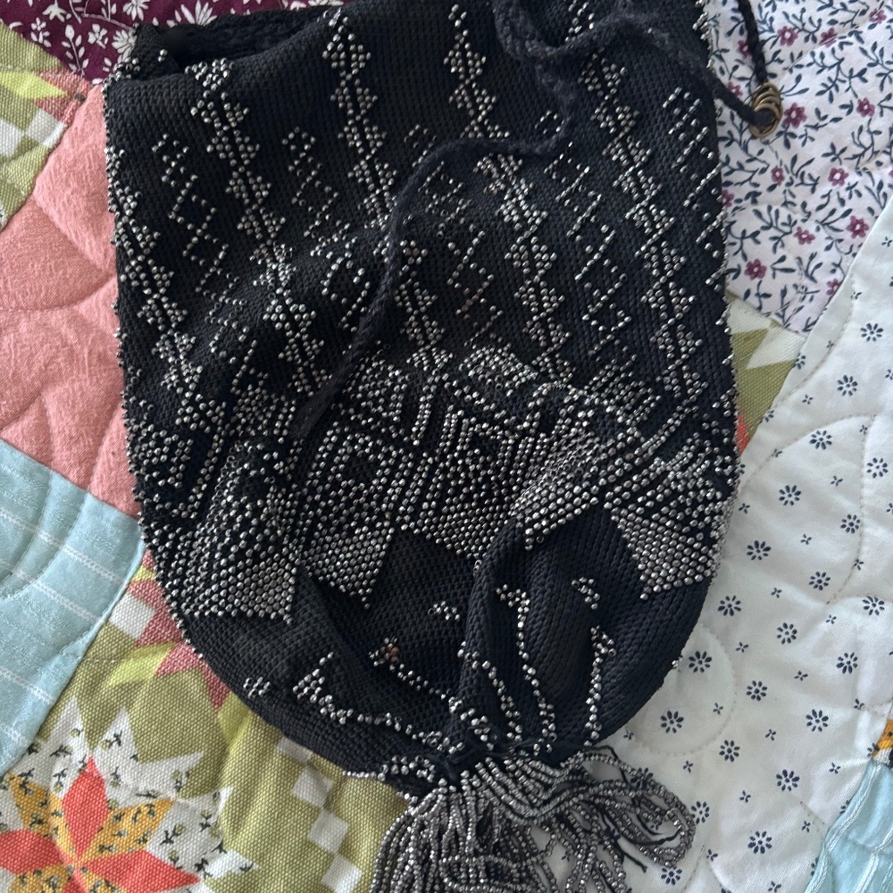 Vintage 1920s Black Fabric and Silver Beaded Drawstring Purse